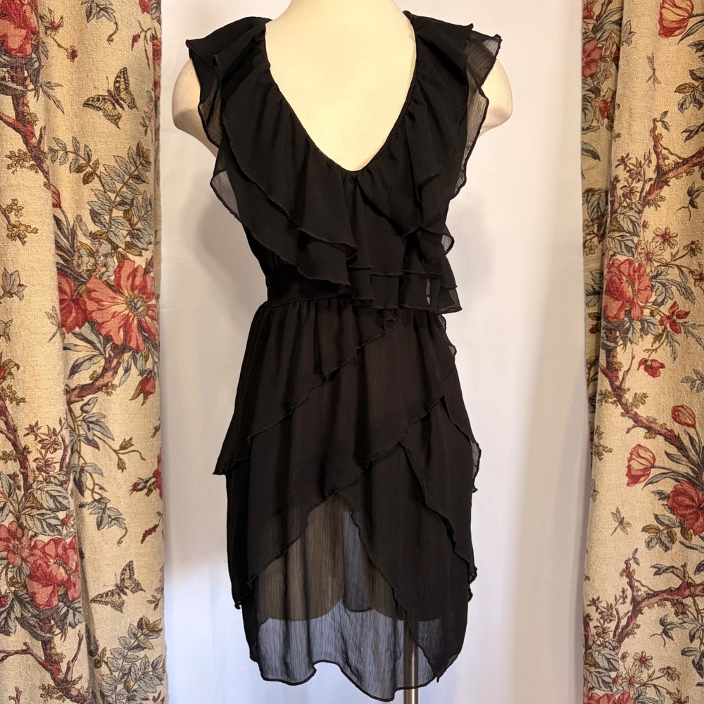 OlsenBoye Elegant Black Ruffled Chiffon Tiered sheer mini Dress Tie Back V-Neck